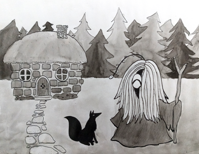 A creature and its black fox-like friend standing in front of a stone cottage in the woods.