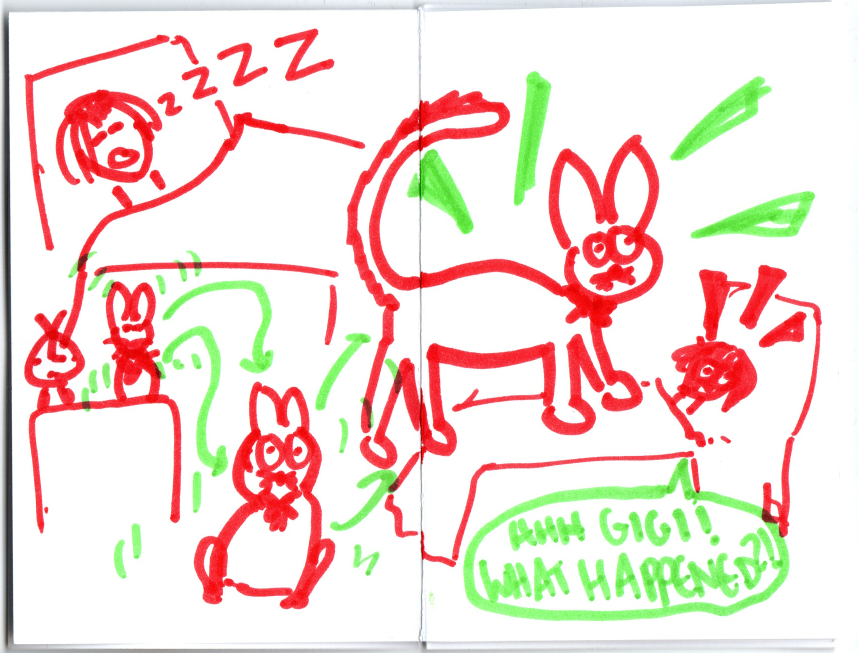 Scanned spread. Kiki is sleeping in bed while Gigi sits on the bedside table. Gigi starts growing and becomes as big as her bed. He stands on her chest as she wakes up saying 'Ahhhh Gigi! What happened?!'