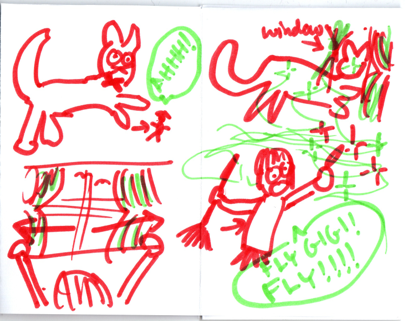 Scanned spread. Gigi becomes bigger than Kiki. Kiki opens the window. Gigi leaps out as Kiki brandishes her magic wand, broom in hand, saying 'Fly Gigi! Fly!!!'