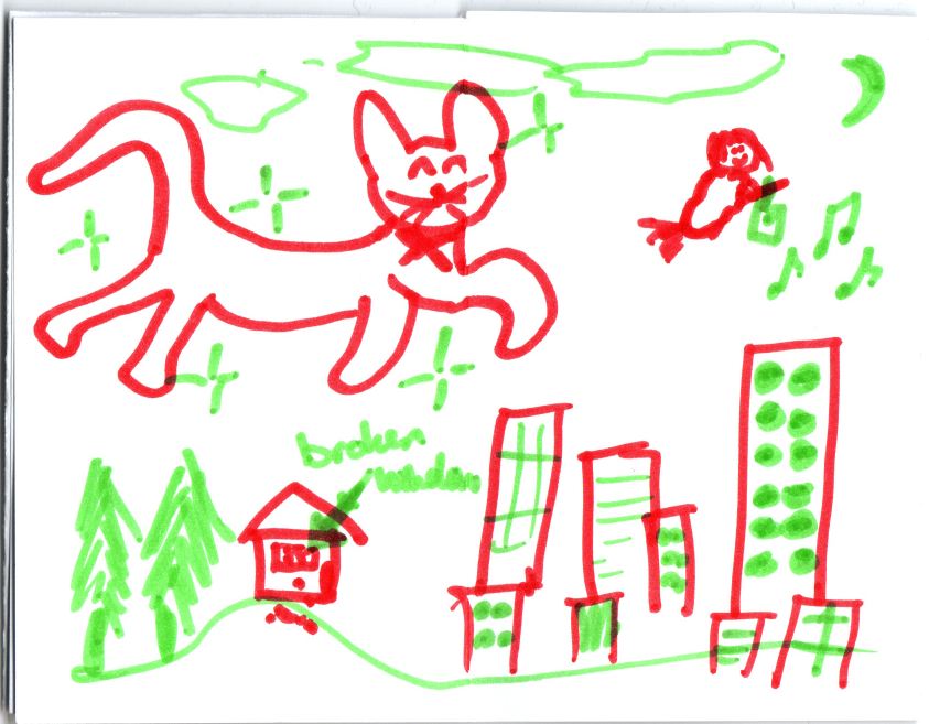 Scanned spread. Gigi and Kiki happily fly in the night sky over the house with the broken window and the city skyline. Kiki's radio is playing music.